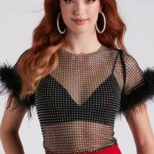 Fishnet Top with Rhinestone and Marabou Feather Detail
